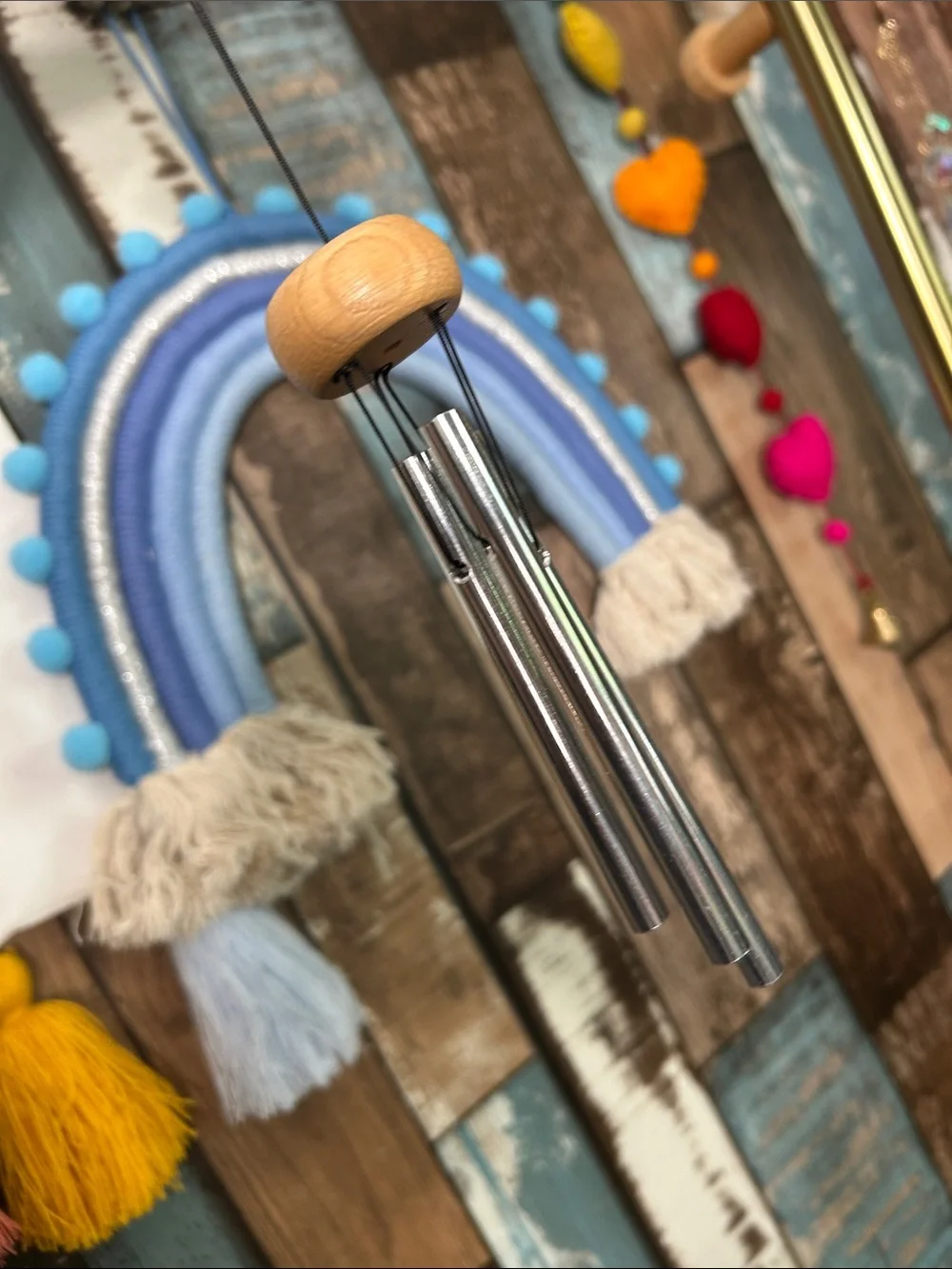 Mini Wind Chime with Natural Wood Top - Silver Tubes